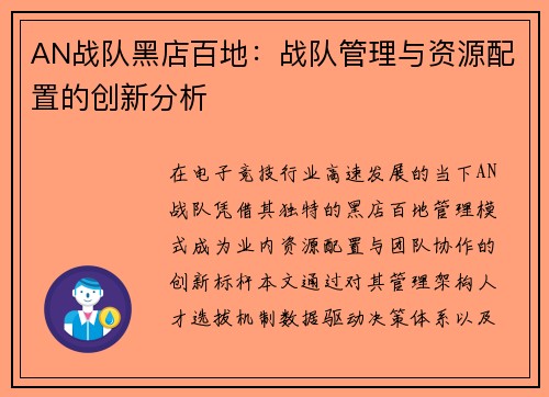 AN战队黑店百地：战队管理与资源配置的创新分析