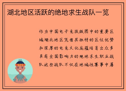 湖北地区活跃的绝地求生战队一览